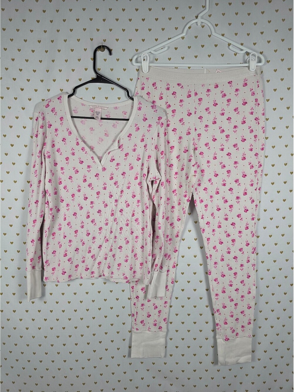 Victorias Secret Thermal Waffle Floral Sleep Set Medium Shirt Henley Pants PJ
